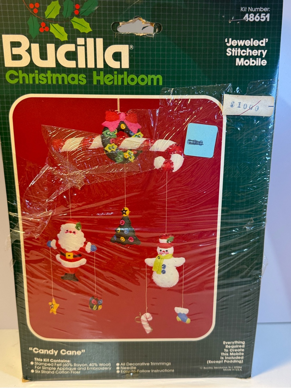 Bucilla Christmas Heirloom jeweled candy cane stitchery mobile kit 48651 vintage